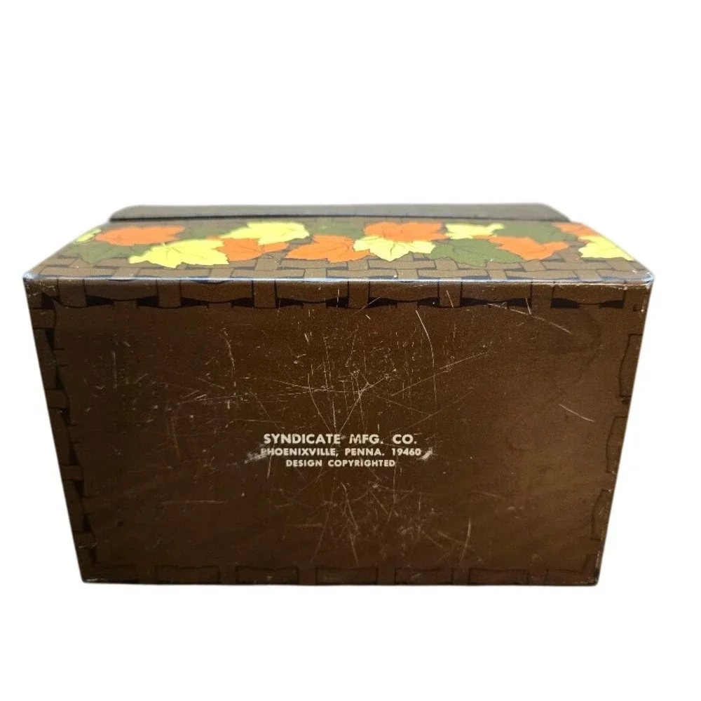 VTG Autumn Thanksgiving‎ Tin Recipe Box Syndicate Mfg Fall Leaves MCM